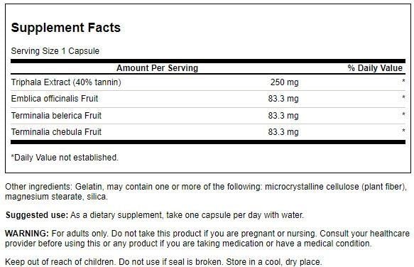 Triphala Standardized 250 mg bottle label and capsules image 2