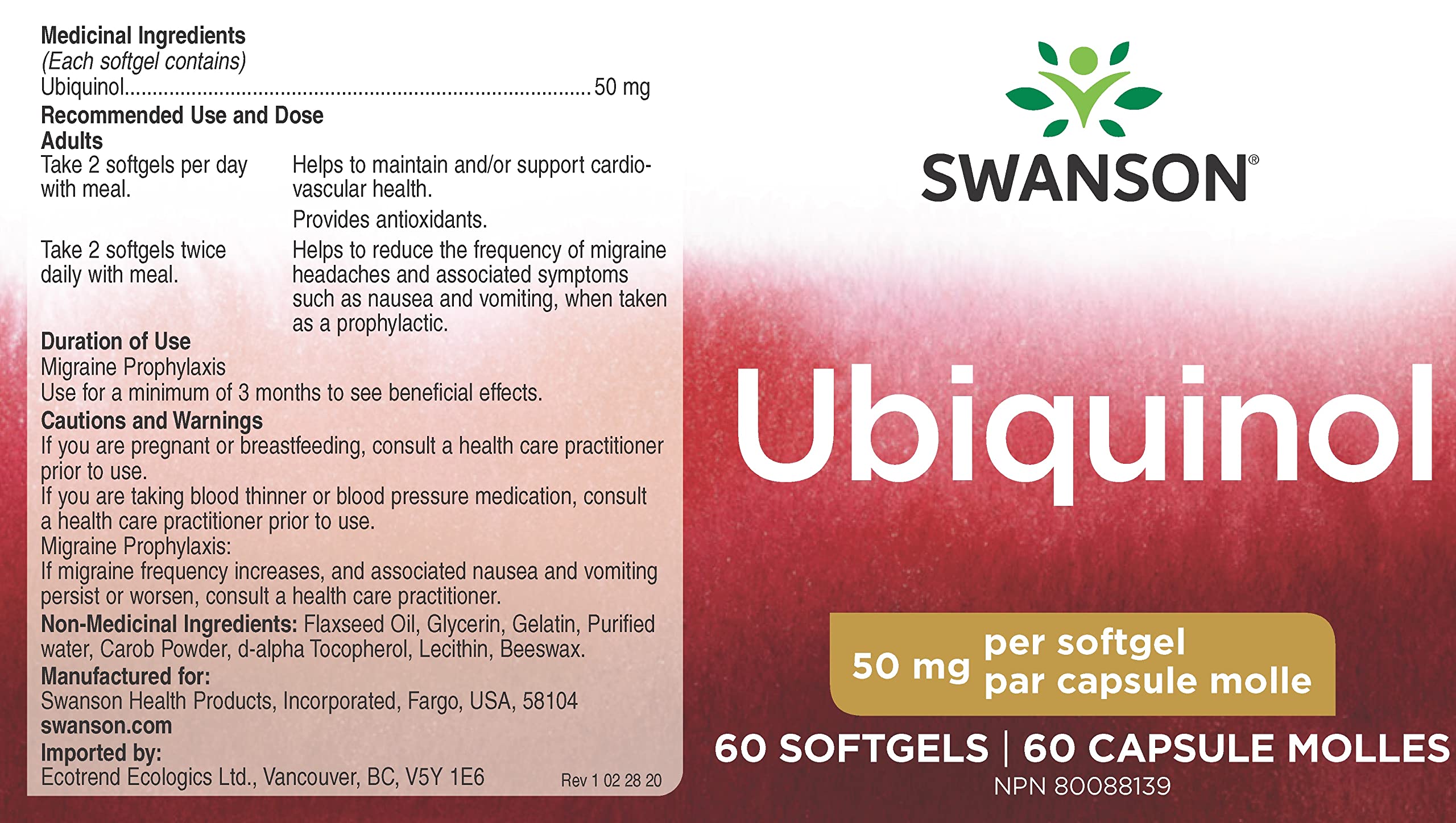 Close-up of Swanson Ubiquinol 50 mg label