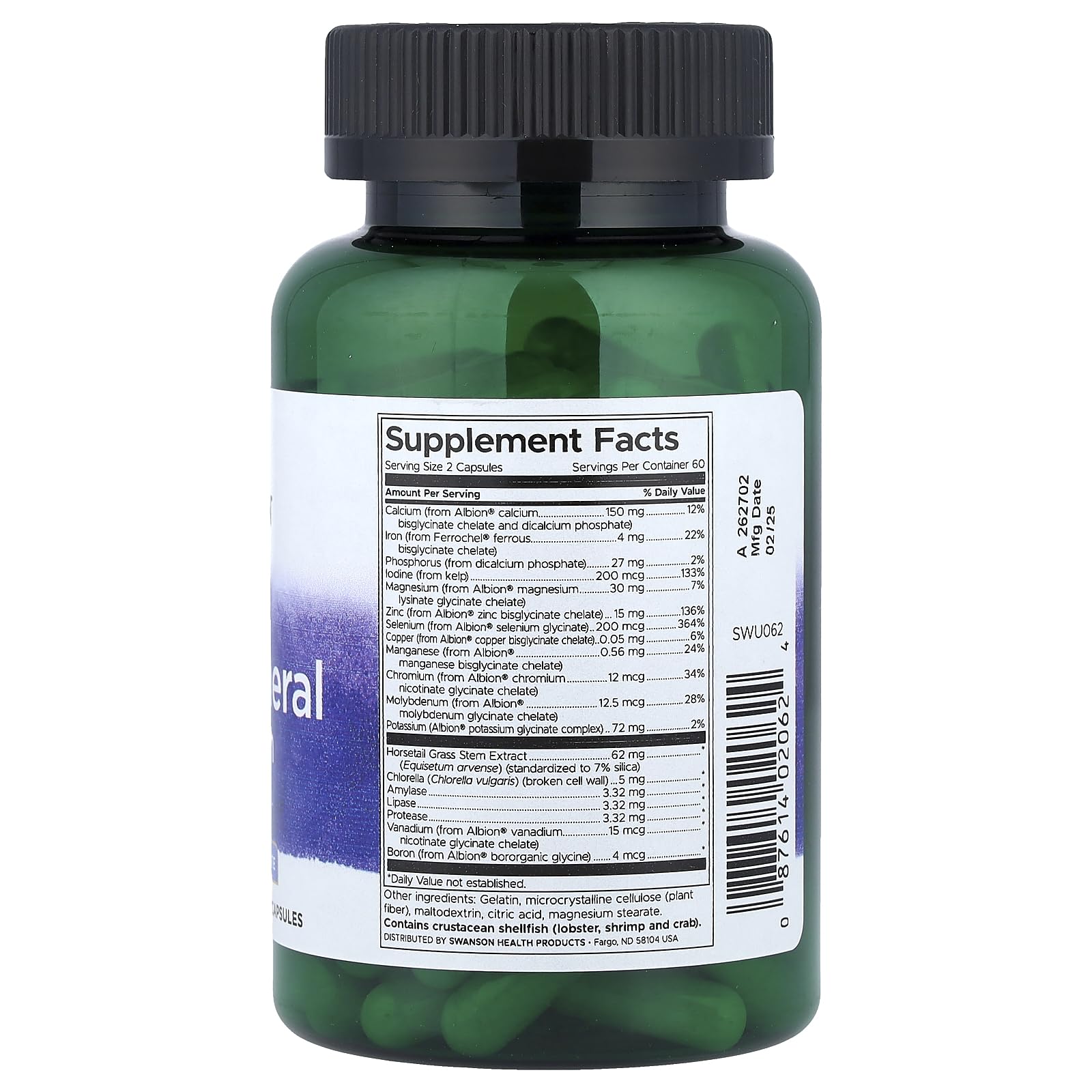 Close-up of Albion chelated minerals and capsules from Swanson Multi-MIN bottle