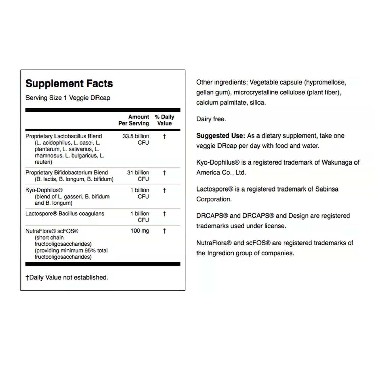 Label showing 66B CFU and 14 probiotic strains
