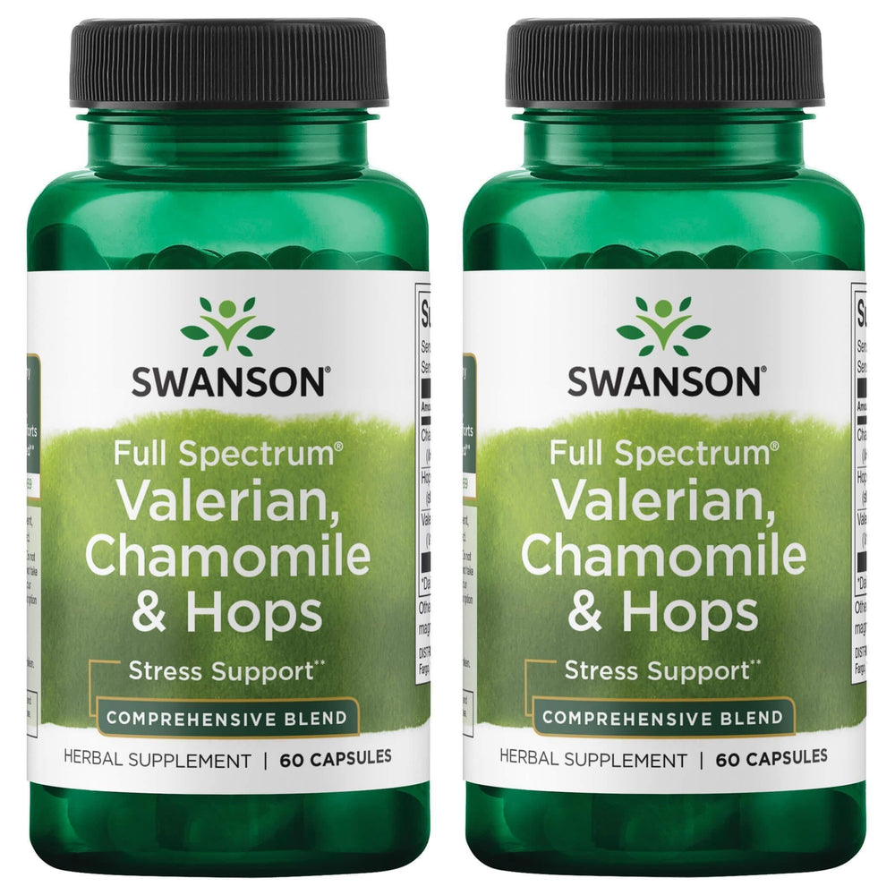 Swanson Valerian Chamomile Hops 60 Capsules 2-Pack bottle close-up
