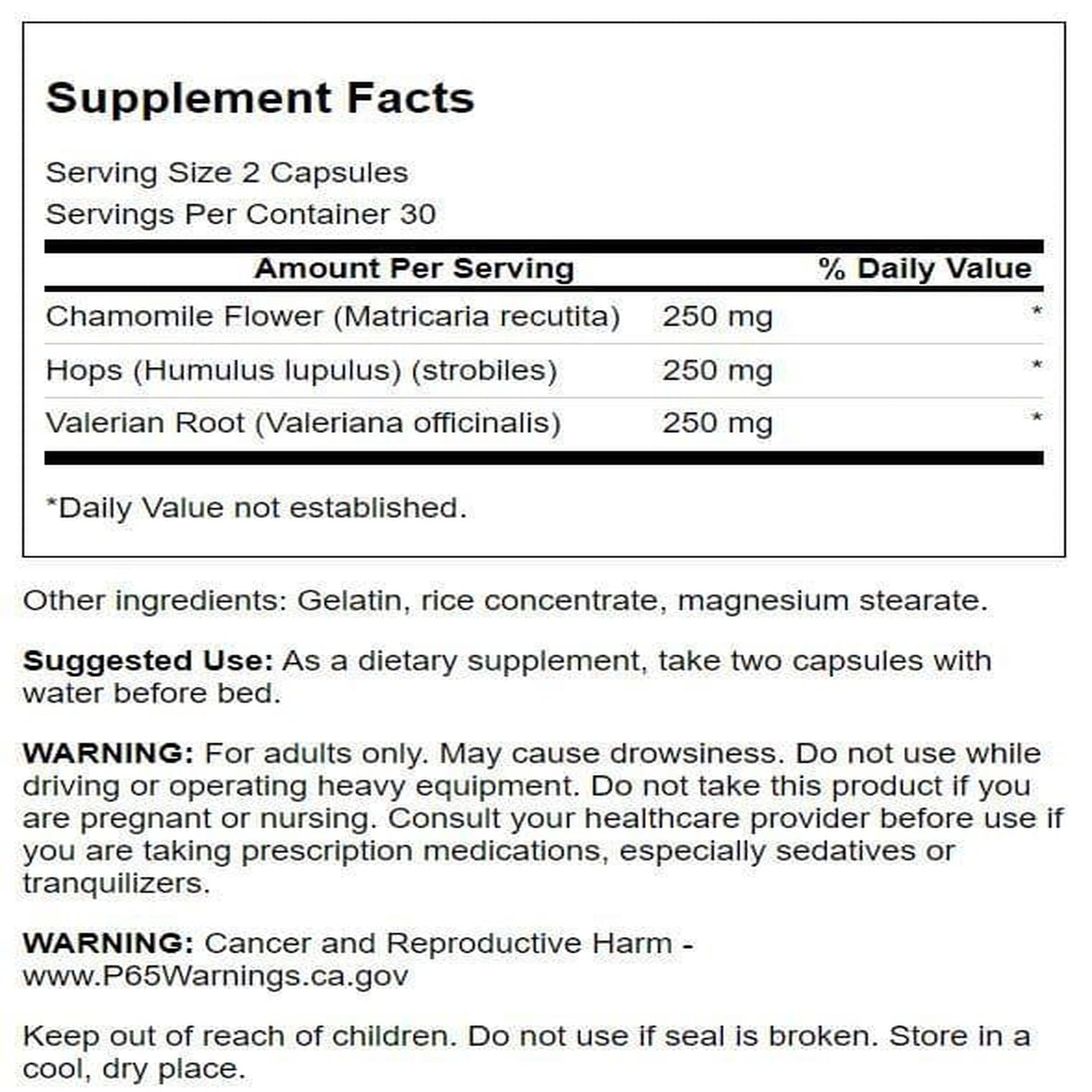 Capsules of Swanson Valerian Chamomile Hops herbal blend