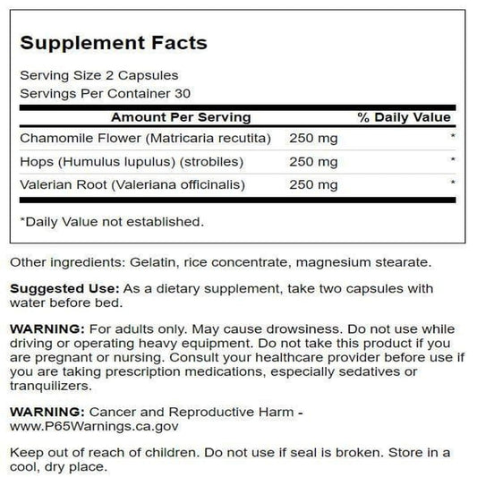 Capsules of Swanson Valerian Chamomile Hops herbal blend