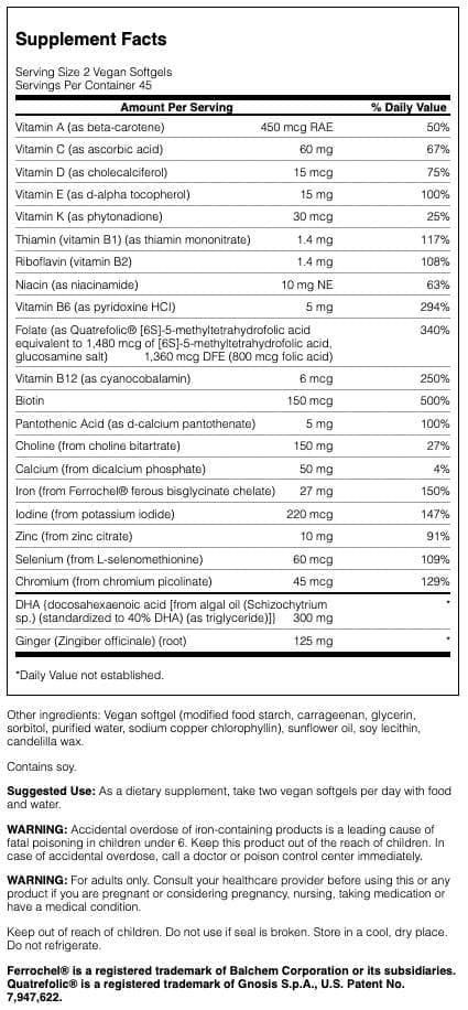 Swanson Vegan PRENATAL Multi 90 SGELS bottle back label