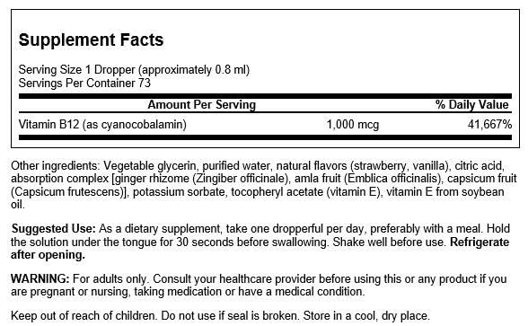 Close-up of Swanson Vitamin B-12 Sublingual Liquid bottle label and packaging