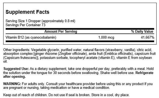 Close-up of Swanson Vitamin B-12 Sublingual Liquid bottle label and packaging