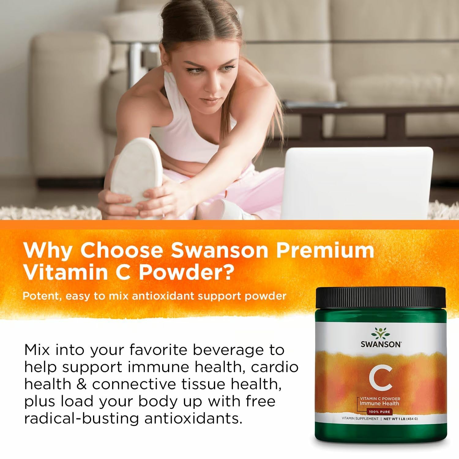 Quality testing and GMP certification badge for Swanson Vitamin C Powder