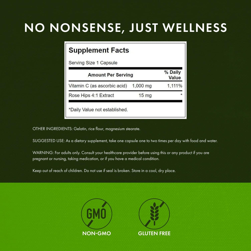 Back label showing 1000mg Vitamin C and 15mg Rose Hips per capsule