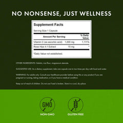 Back label showing 1000mg Vitamin C and 15mg Rose Hips per capsule