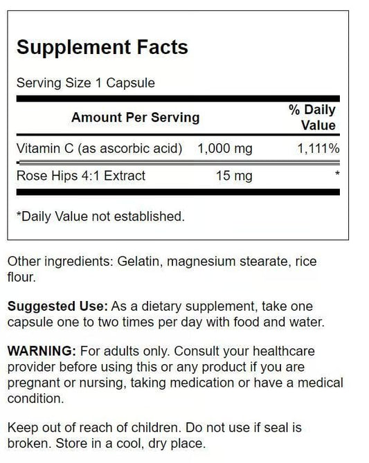 Close-up of bottle label showing 1000 mg Vitamin C per capsule