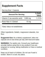 Close-up of bottle label showing 1000 mg Vitamin C per capsule