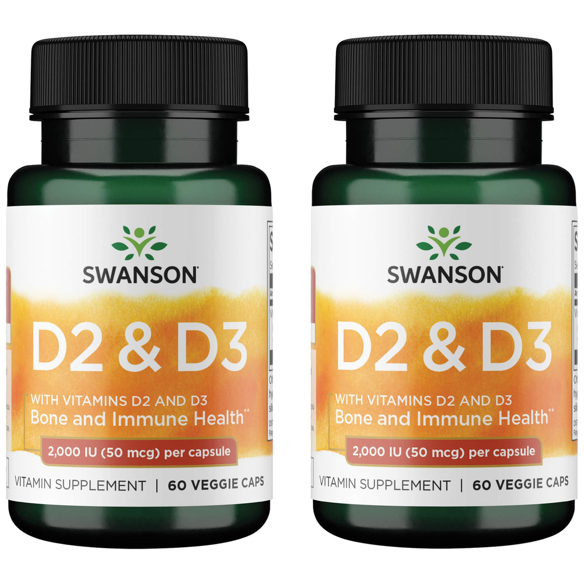 Swanson Vitamin D Complex bottle with 50 mcg D2 and D3 – 2-pack