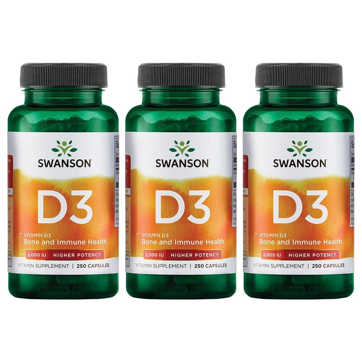 Swanson Vitamin D-3 2000 IU – Sunshine Vitamin for bone and immune support, 3-pack, 250 capsules.
