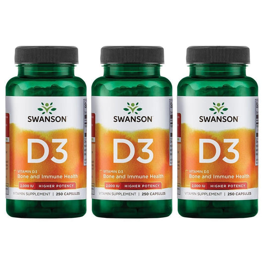 Swanson Vitamin D-3 2000 IU – Sunshine Vitamin for bone and immune support, 3-pack, 250 capsules.