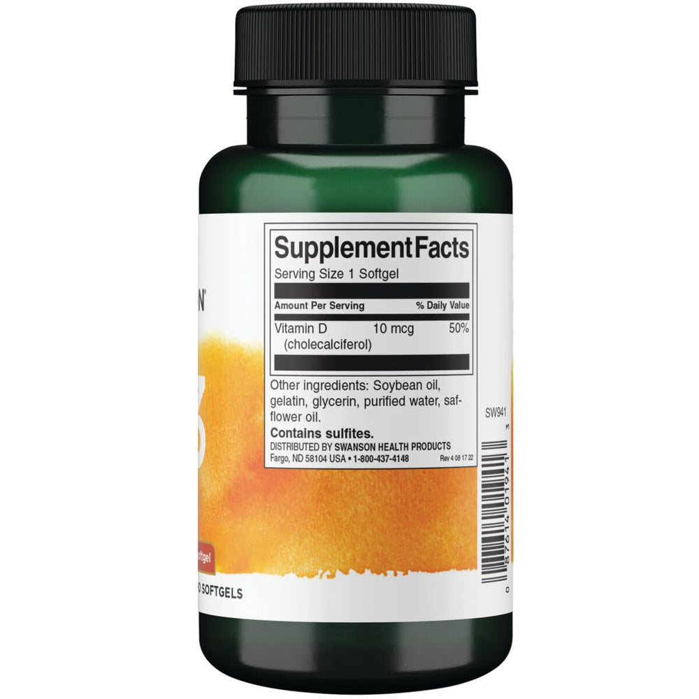 Close-up of Swanson Vitamin D3 400 IU bottle showing 250 capsules