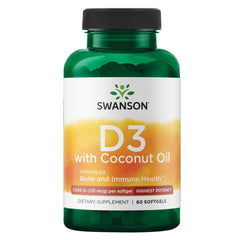 Swanson High Potency Vitamin D-3 with Coconut bottle label showing 60 softgels, 125 mcg