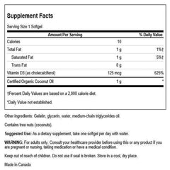 Close-up of Swanson Vitamin D-3 with Coconut softgel capsule
