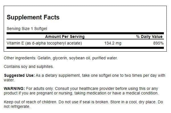 Close-up of Swanson Vitamin E softgels highlighting 200IU potency