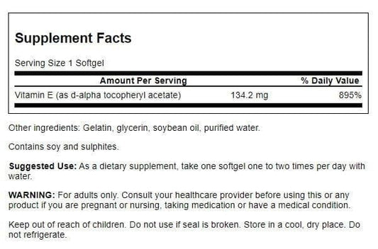 Close-up of Swanson Vitamin E softgels highlighting 200IU potency