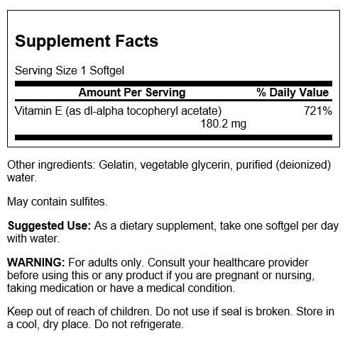 Bottle of Swanson Vitamin E 400 IU softgels with label