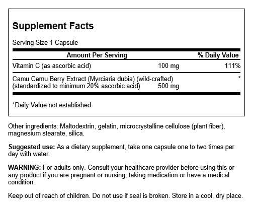 Close-up of Swanson Camu Camu Berries 500 mg supplement bottle - 60 capsules