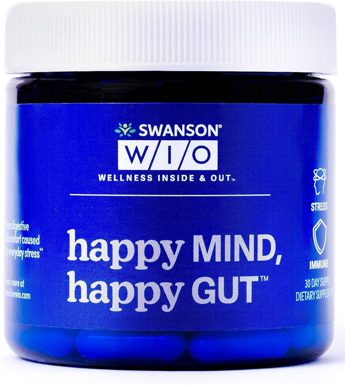 Bottle of Swanson WIO Happy Mind, Happy Gut Probiotics for stress support and gut health.