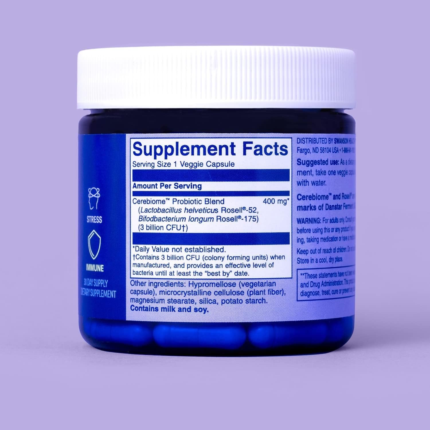 Close-up of 30 vegetarian capsules for digestive stress support.