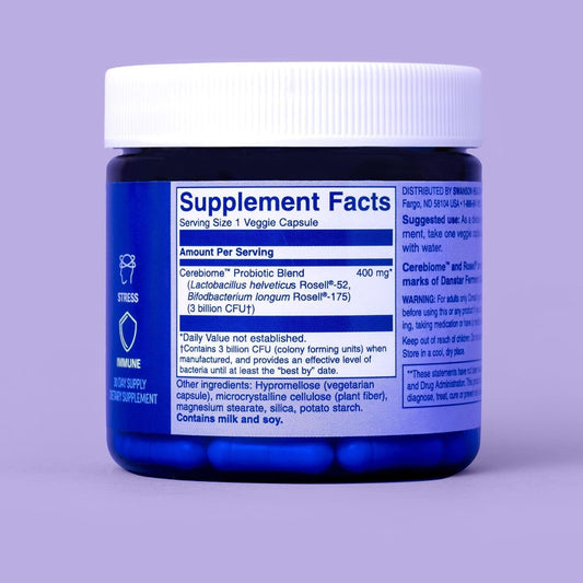 Close-up of 30 vegetarian capsules for digestive stress support.