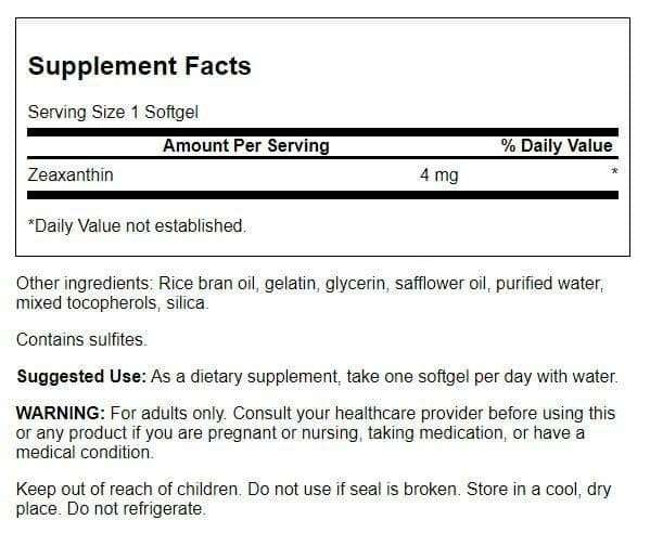 Close-up of Zeaxanthin bottle label showing 4 mg