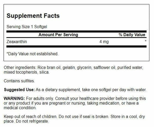 Close-up of Zeaxanthin bottle label showing 4 mg