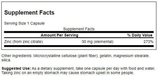 Close-up of Swanson Zinc Citrate 30 mg capsules