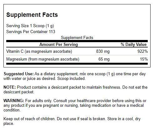 Close-up of product label showing buffered vitamin C with magnesium
