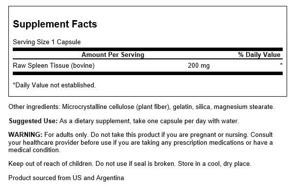 Swanson Raw Spleen Glandular 200 mg - 60 Capsules - Image 2