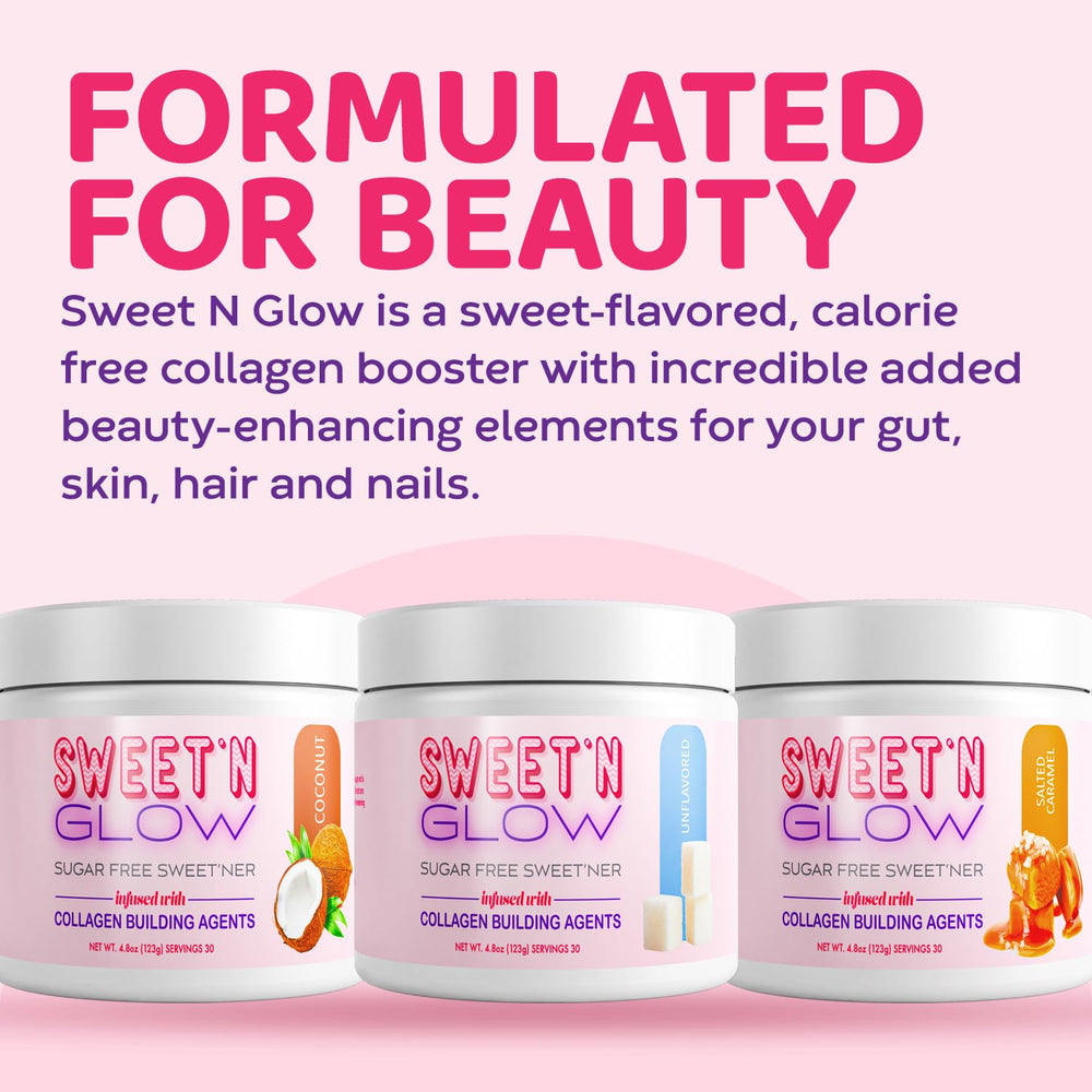 Unflavored and Salted Carmel flavor options for Sweet N Glow