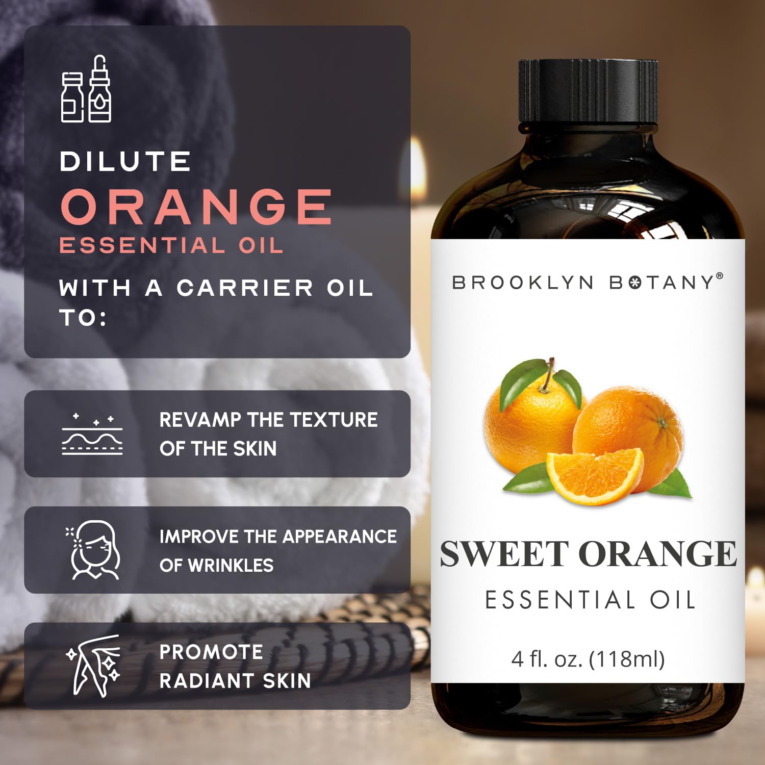 Sweet Orange Essential Oil bottle beside orange slices