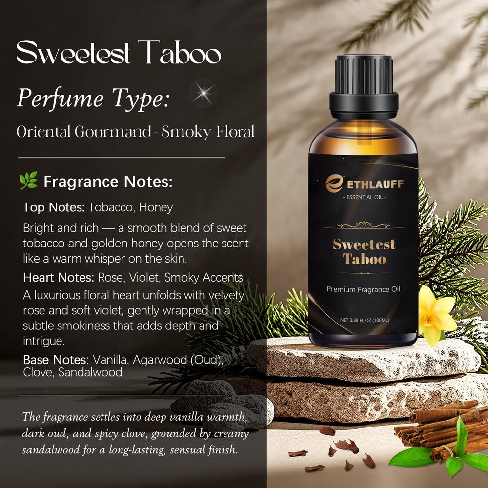 Packaging and bottle of Sweetest Taboo fragrance oil