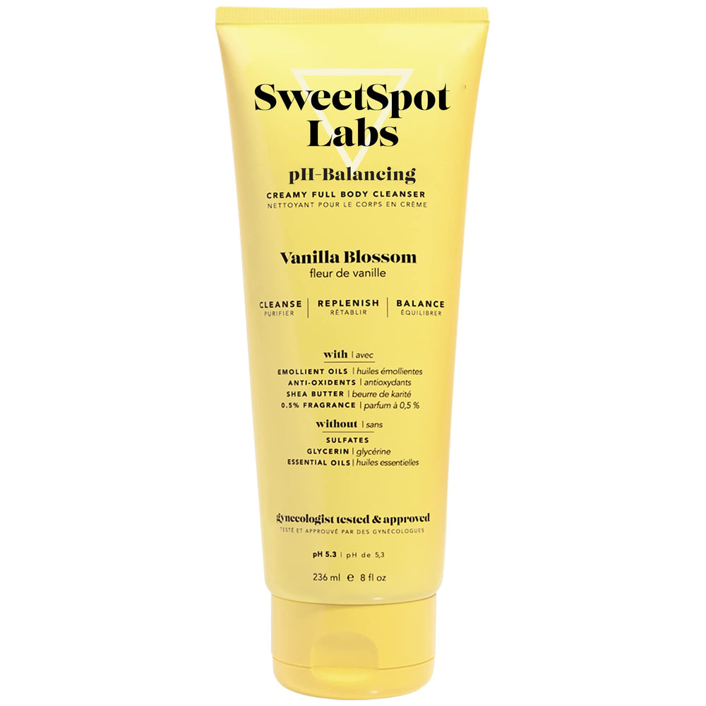 SweetSpot Labs feminine wash bottle front with vanilla blossom scent offers gentle cleansing for intimate skin.