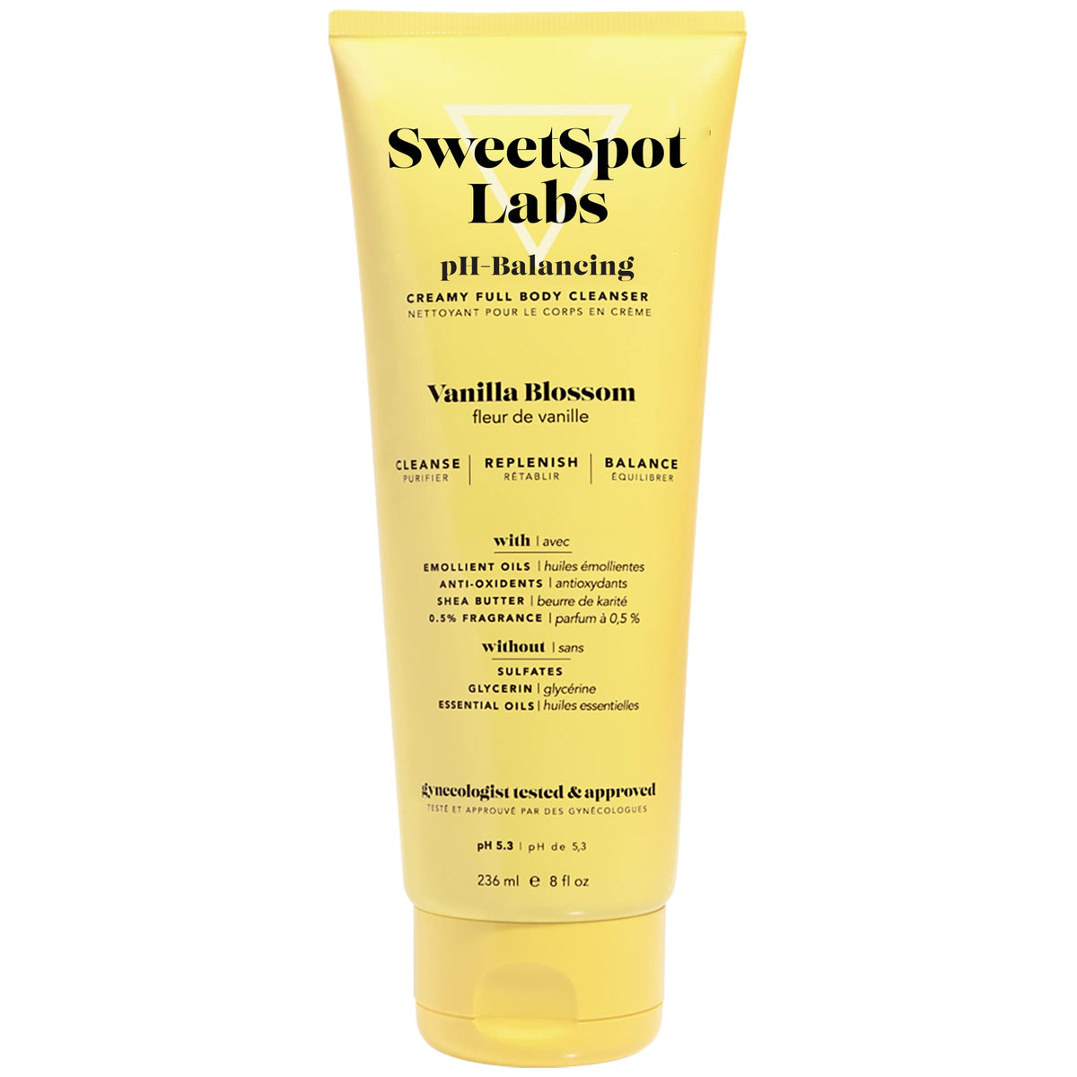 SweetSpot Labs feminine wash bottle front with vanilla blossom scent offers gentle cleansing for intimate skin.