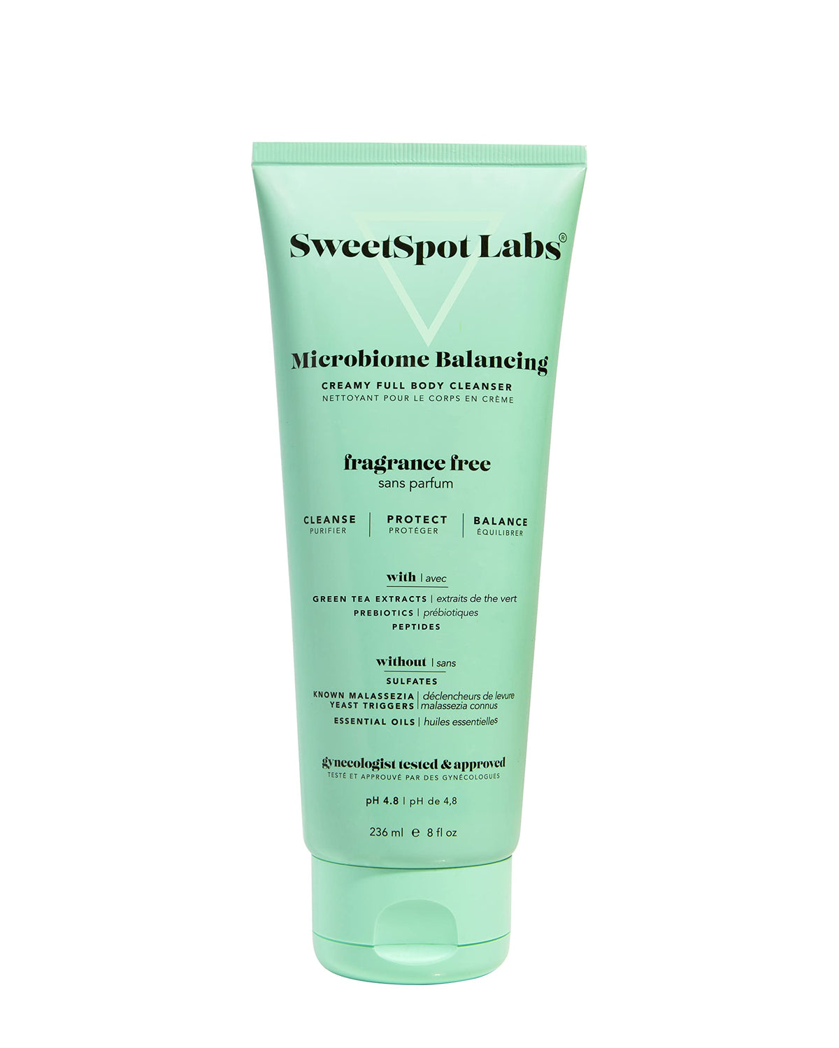 SweetSpot Labs microbiome balancing feminine wash bottle shows unscented, pH balanced cleansing for daily care.