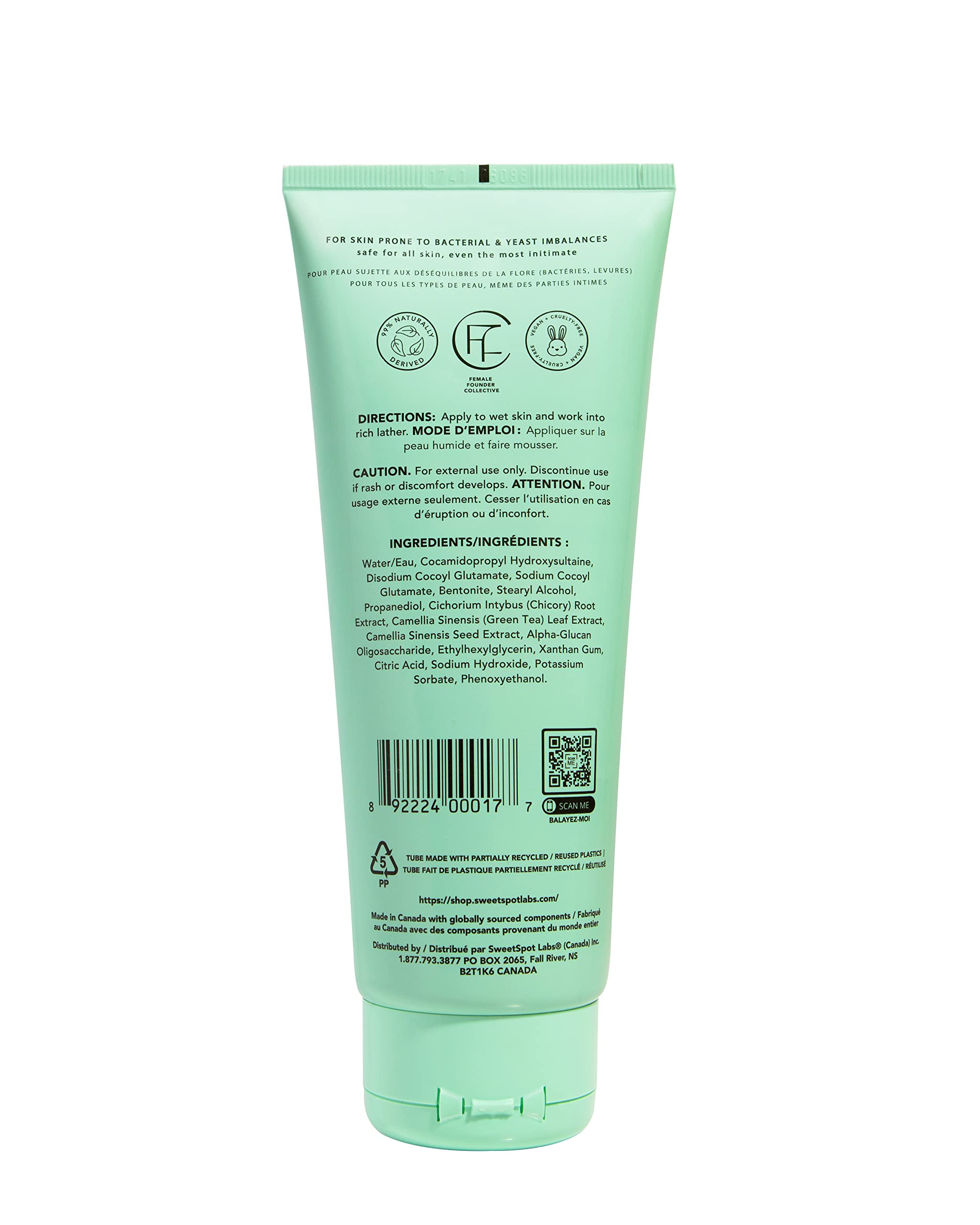 SweetSpot Labs unscented feminine wash label demonstrates fragrance-free, sulfate-free care for comfortable skin.