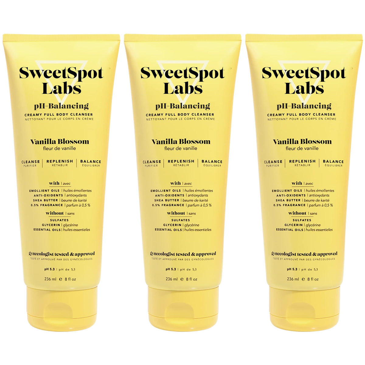 SweetSpot Labs wash bottle with vanilla aroma for gentle daily cleansing.