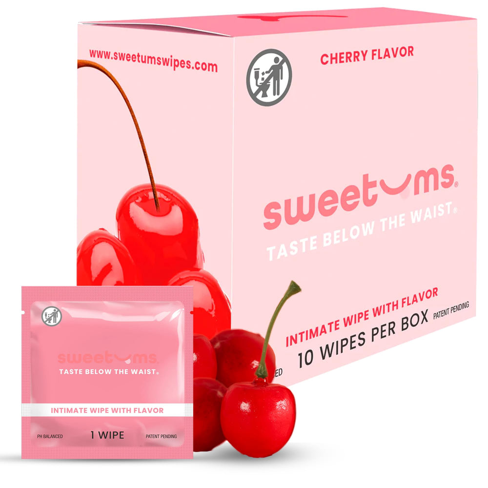 Sweetums feminine wipes pack-10 cherry flavor in a compact box for on-the-go freshness.