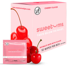 Sweetums feminine wipes pack-10 cherry flavor in a compact box for on-the-go freshness.