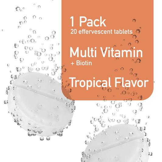 Dissolving effervescent tablet with fruity tropical flavor in water