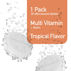 Dissolving effervescent tablet with fruity tropical flavor in water
