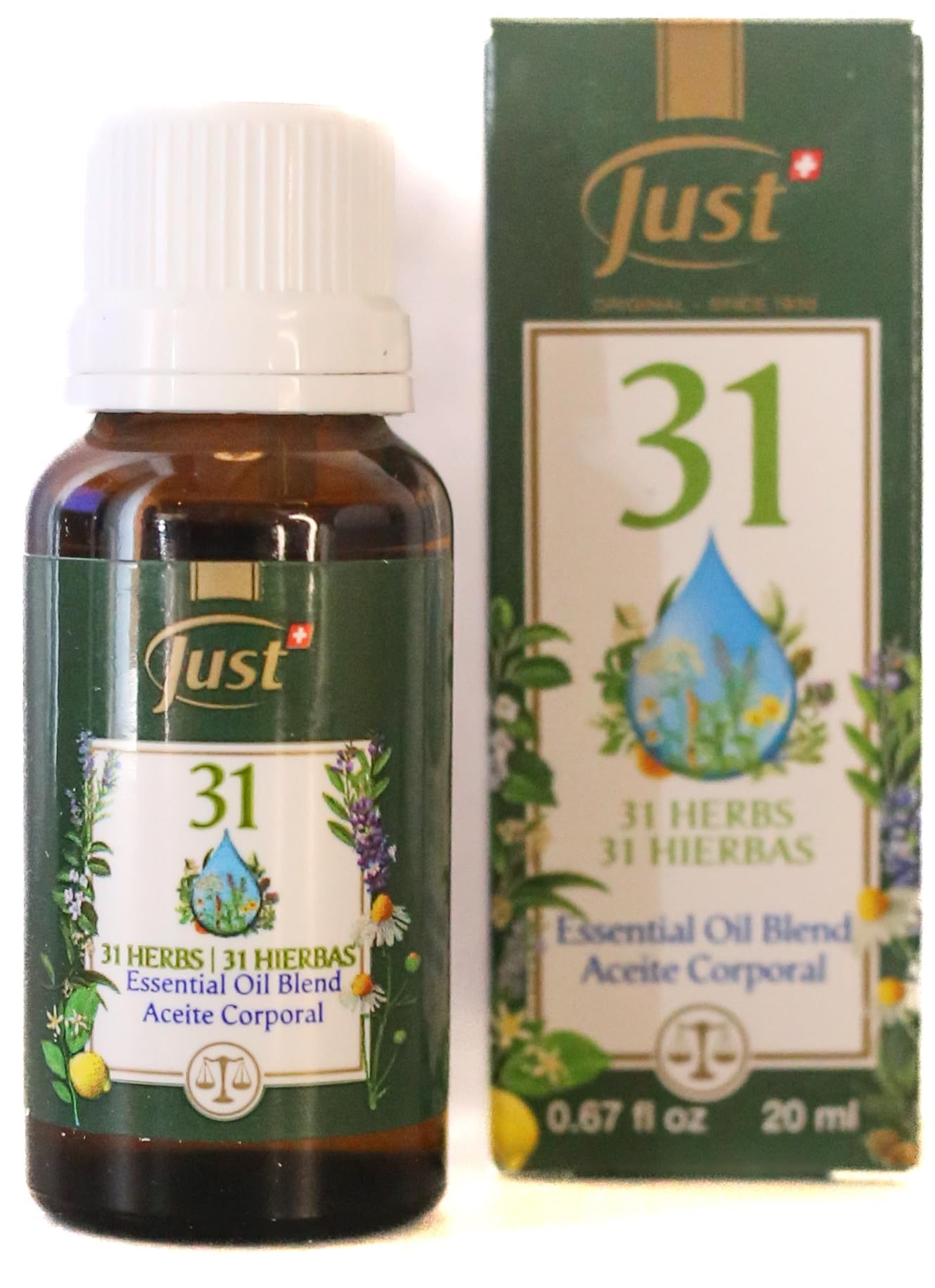 Close-up of Swiss Just Oil 31 plant essence blend ingredients