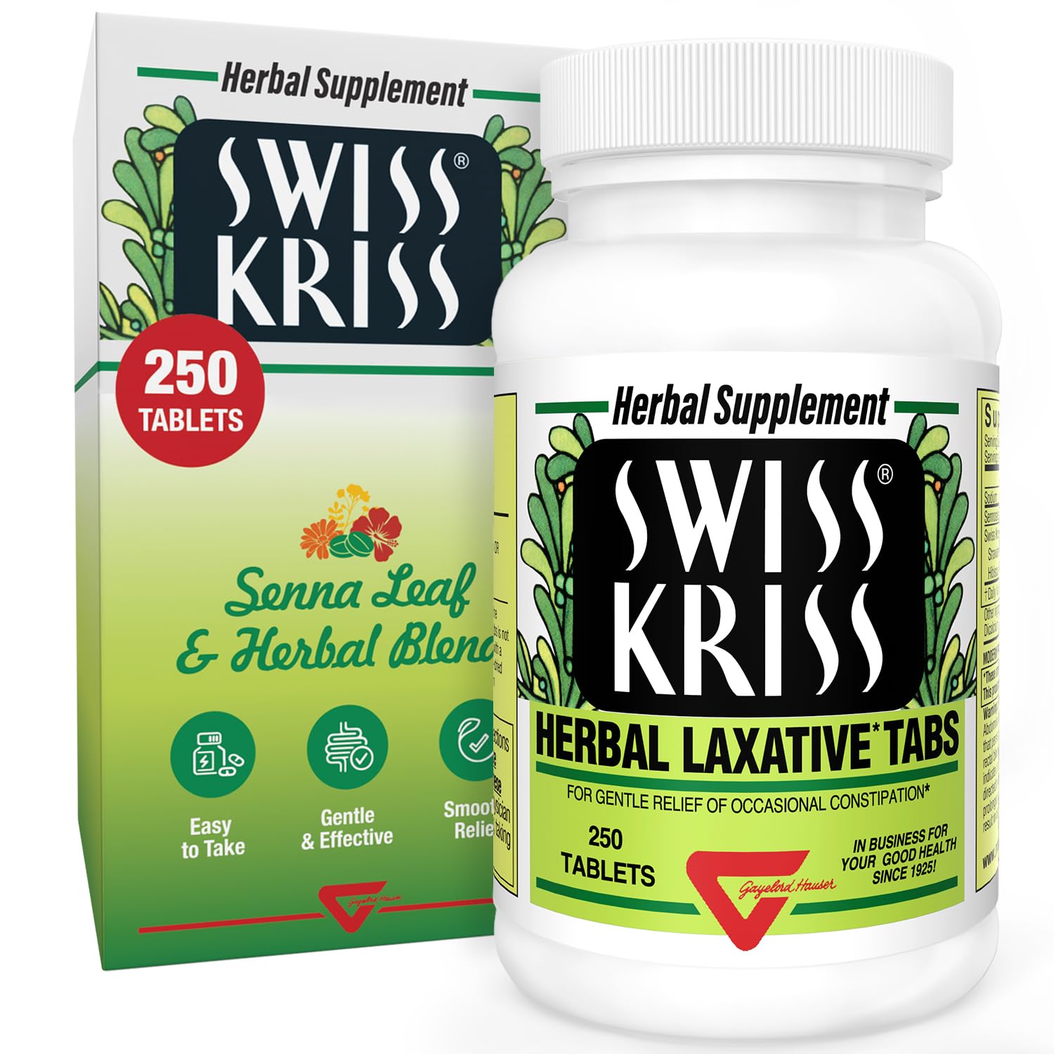 Swiss Kriss bottle with tablets for gentle, natural support during irregular bowel movements.