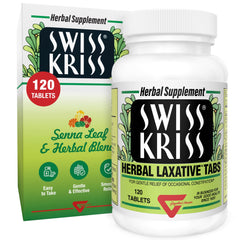Swiss Kriss bottle with tablets showing gentle, natural relief for adults and children 6+