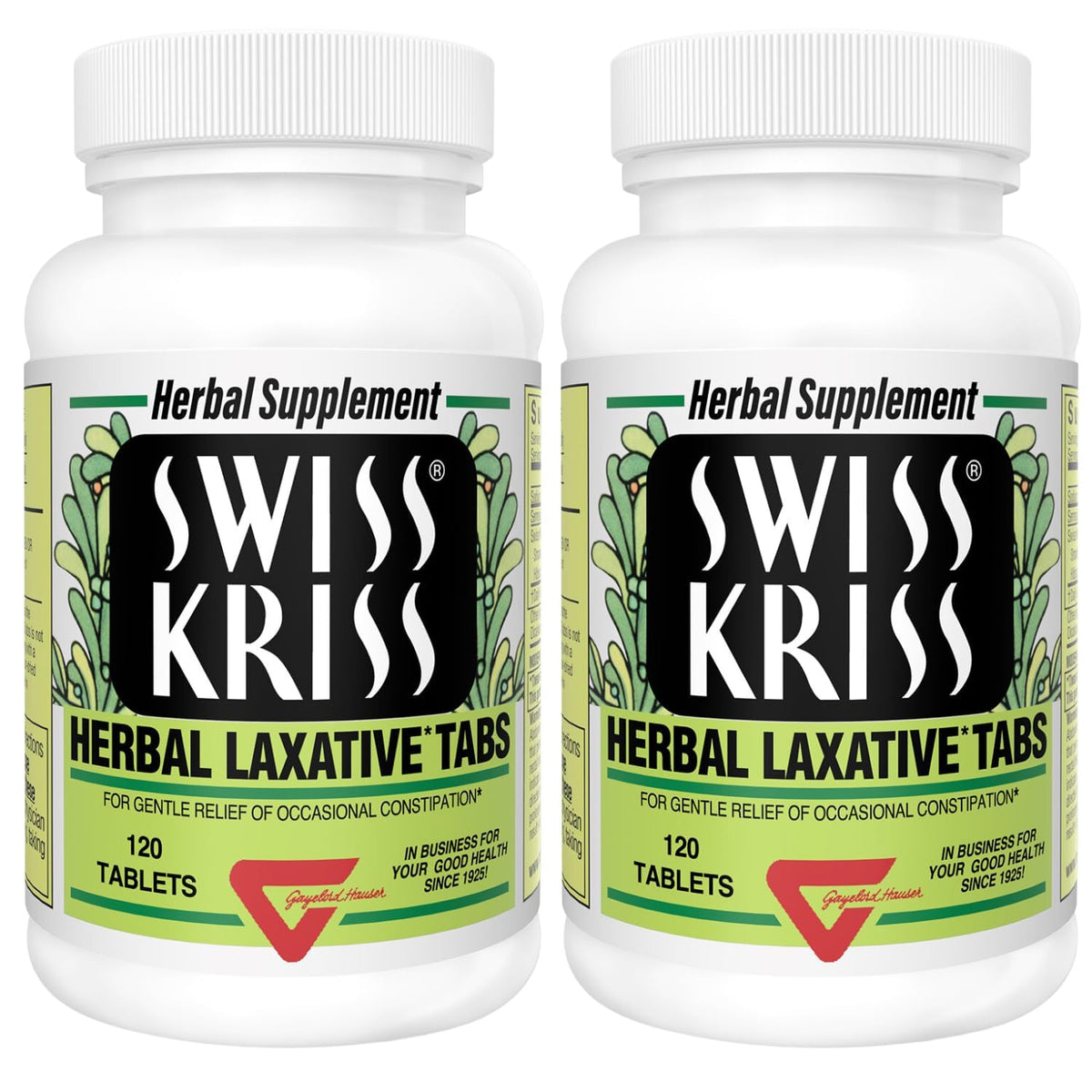 Swiss Kriss pack-shot with tablets shows a gentle, natural constipation relief option.
