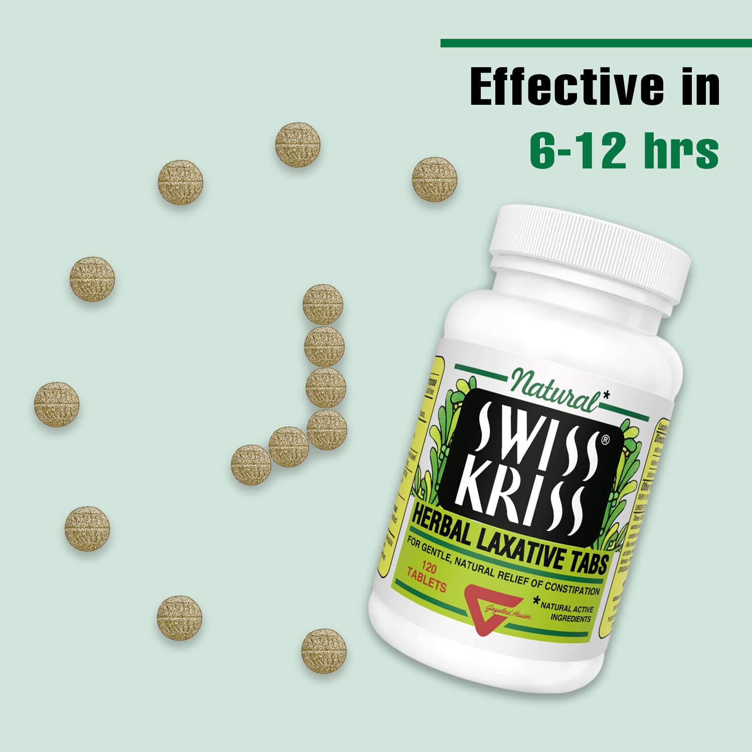 Swiss Kriss senna-based laxative ingredient closeup emphasizes a plant-powered approach to occasional relief.